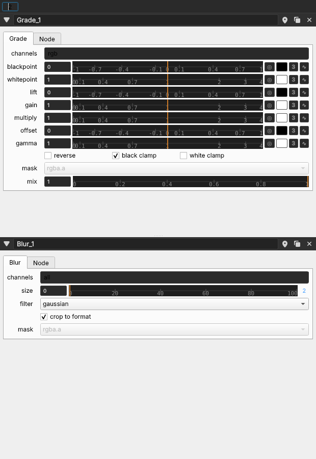Bright Properties panel showing Grade and Blur controls